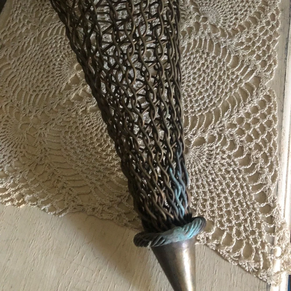 Antique French Brass Woven Chainmail-Style Wall Pocket Hanging Vase